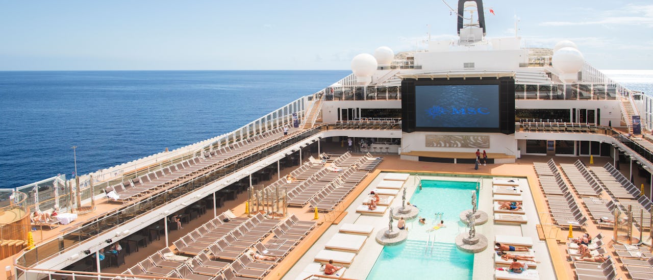 The pool deck with movies under starry skies